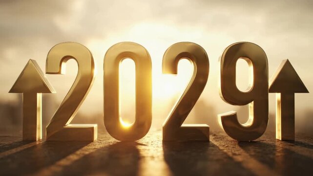 Golden numbers 2029 rise against a dramatic, sun-drenched sky, symbolizing the dawn of a new era and future aspirations. ..Created with Generative AI, not depicting real subjects.