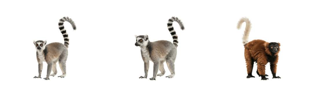 Cute wild lemurs collection featuring ring-tailed and red lemurs with long striped tails standing on a pure white isolated background for wildlife design projects   