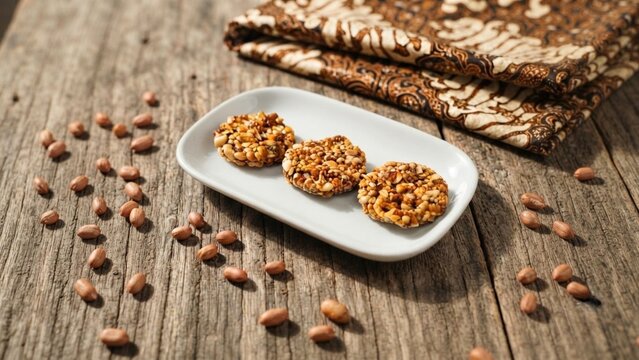 Authentic Indonesian sweet peanut candy enting enting ampyang served on ceramic plate with raw peanuts scattered on rustic wooden table background, traditional java snack dessert culinary concept