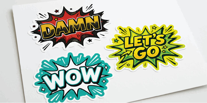 Comic book style sticker graphics with exclamation phrases comic stickers speech bubbles pop art lets go graphic design elements lettering pop culture text bubbles cartoon art
