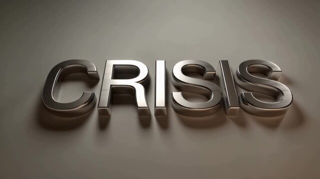 The word CRISIS is displayed in bold, metallic, 3D letters casting a shadow on a muted background, evoking a sense of gravity and urgency. ..Created with Generative AI, not depicting real subjects.