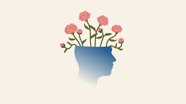 Human head profile with roses growing from the mind animation