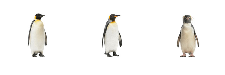 Obraz premium Cute wild penguins collection featuring king and emperor penguins standing on a pure white isolated background for wildlife and polar animal design projects 