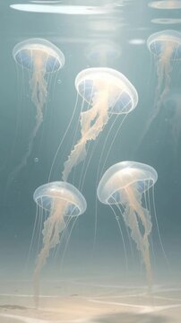 Transparent jellyfish floating underwater in soft light with delicate tentacles and calm ocean background