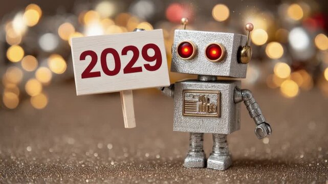 A charming vintage robot, illuminated by twinkling festive lights, holds a sign proudly displaying the year 2029. ..Created with Generative AI, not depicting real subjects.