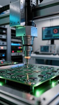 Close up of advanced electronics manufacturing machine assembling circuit board in high-tech industrial lab