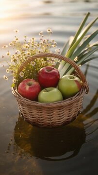 Fresh apples and wildflowers in a rustic basket floating on calm water in natural sunlight