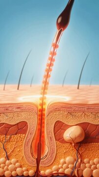 Detailed cross section of human skin with hair follicle showing layers and structures in bright illustration