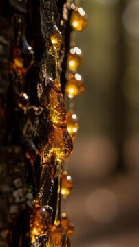 Close up of golden tree resin sap dripping down bark with natural sunlight and warm forest background