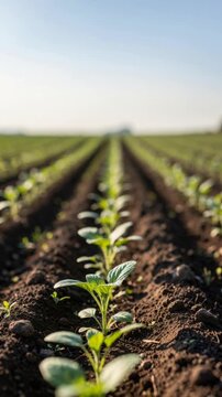 Young green plants growing in neat rows in fertile soil under a clear sky in an agricultural field