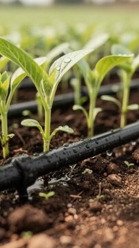 Close up of young green seedlings growing in soil with drip irrigation system watering plants
