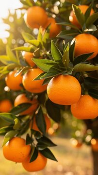 Fresh ripe oranges hanging on tree branches in a sunny orchard ready for harvest