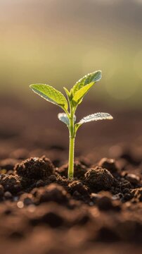 Close up of young green plant sprouting in rich soil with sunlight in background representing growth and nature