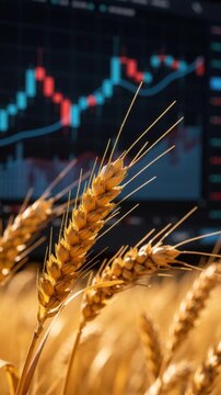 Golden wheat field with financial market chart background showing agricultural commodity trading trends