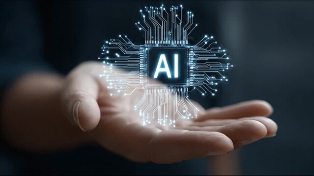 AI on Palm: A person's hand gently holds a glowing AI circuit board, symbolizing the integration of artificial intelligence into our lives.