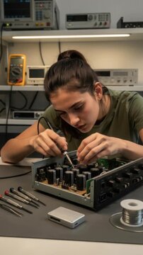 Young woman repairing electronic device using soldering iron in modern electronics workshop