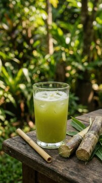 Fresh green sugarcane juice with ice served outdoors on a wooden table with natural background