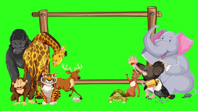 Cartoon wild animals gathering around wooden sign frame on green screen background.
