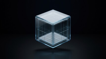 Fototapeta premium Translucent glass cube floating against a dark black background