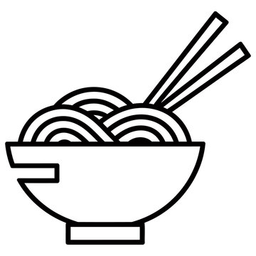 Bowl of delicious noodles with chopsticks vector outline icon