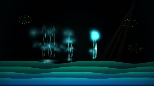 Blue St. Elmo's Fire electrical plasma discharges on dark ocean waves during stormy night
