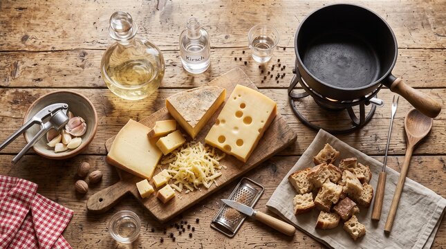 Rustic Swiss Cheese Fondue Ingredients on Wooden Table.