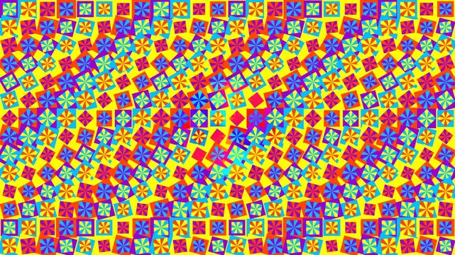 Vibrant abstract optical illusion background pattern with bright multicolored geometric shapes and spinning star motifs
