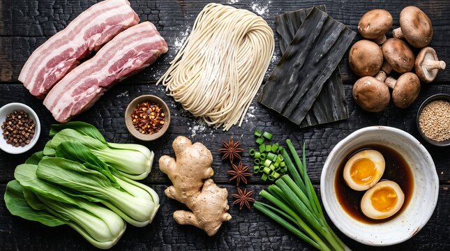 Fresh Ingredients for Traditional Japanese Ramen Soup Preparation.