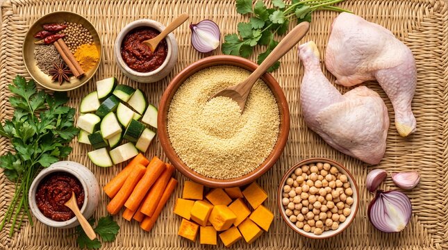 Moroccan chicken couscous ingredients on wicker mat.