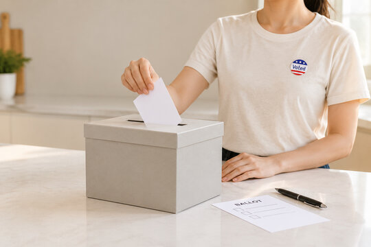 Ballot box with pen and paper ballot on kitchen counter, voting at home concept