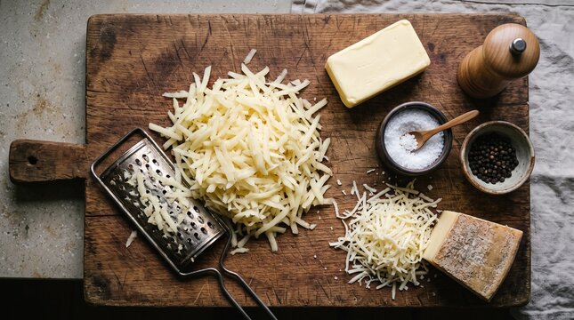 Overhead view of various cheese ingredients on a wooden cutting board.