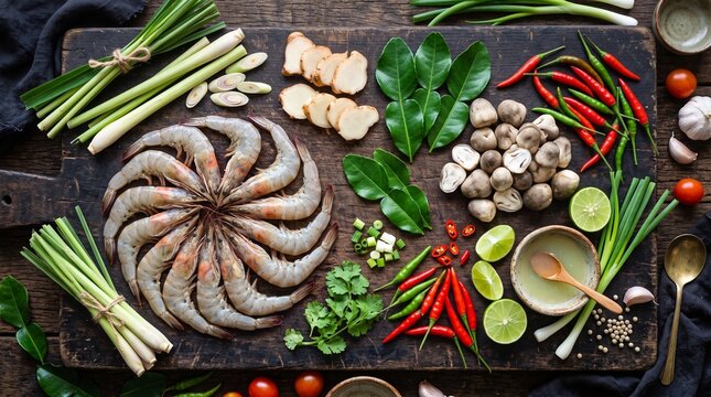 Fresh Ingredients for Tom Yum Goong Soup on Dark Wooden Board.
