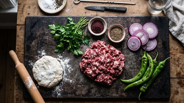 Overhead view of raw ground meat, fresh herbs, spices, and vegetables on a rustic wooden board, ready for cooking.