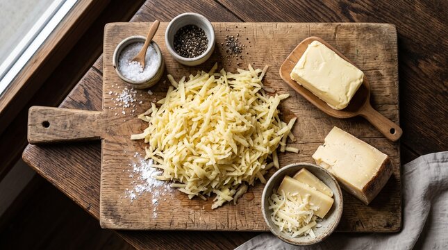 Grated cheese and butter on a rustic wooden cutting board, ready for cooking.