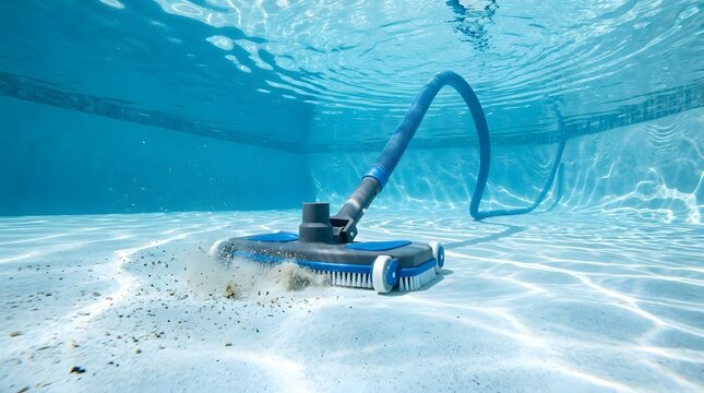 Underwater view of a pool vacuum cleaning debris from the pool floor