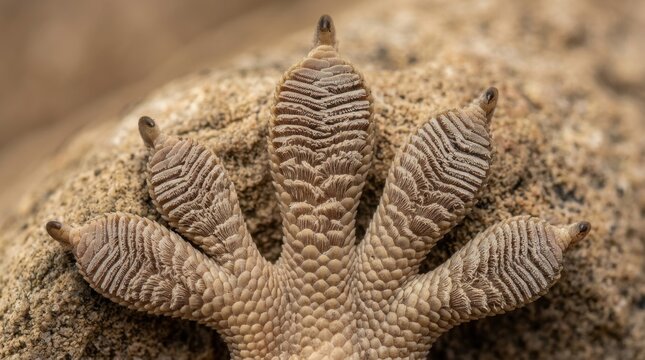 Close-up of gecko foot displaying microscopic adhesive setae on rough natural surface