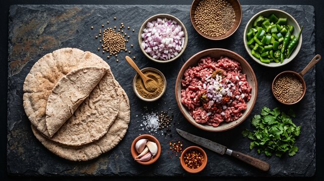 Overhead View of Fresh Ingredients for Homemade Flatbread and Ground Meat Dish.