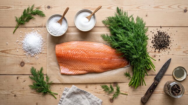 Fresh Salmon Fillet with Dill, Salt, and Pepper on a Wooden Table.