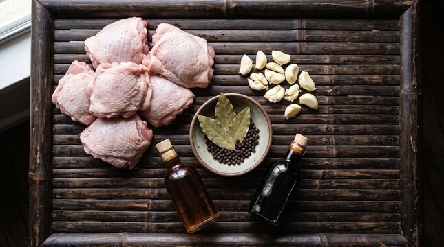 Raw Chicken Thighs with Garlic, Bay Leaves, Peppercorns, Oil, and Vinegar on a Rustic Wooden Tray.