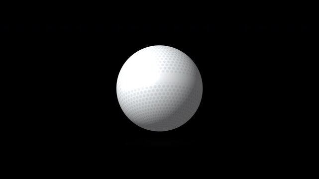 spinning white golf ball, macro shot, dimpled surface texture, isolated on black background, motion graphic