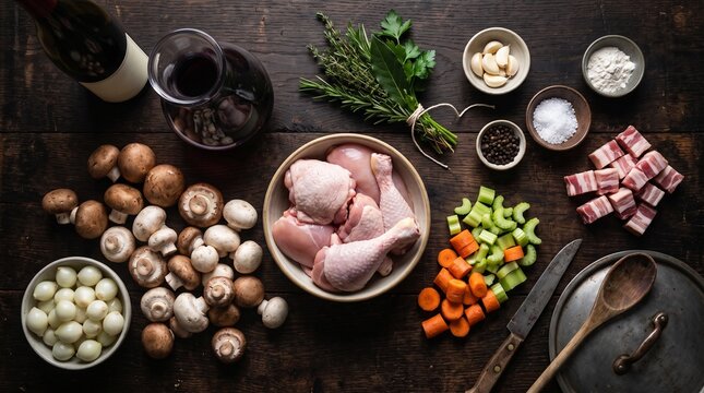 Overhead view of raw chicken drumsticks and thighs with fresh vegetables and herbs on a rustic wooden table, ready for cooking.