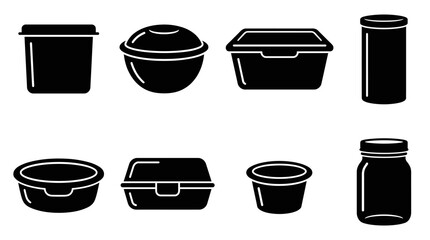 Obraz premium Six black and white food storage containers and jars arranged in a clean, organized layout for branding and packaging design