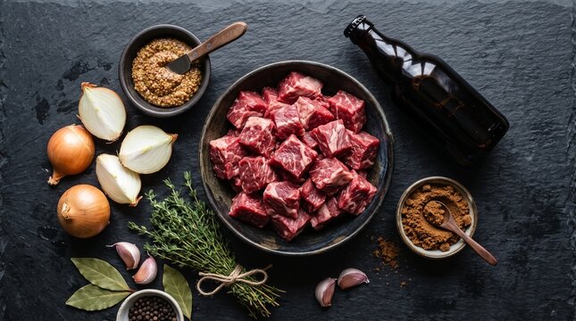 Raw Beef Cubes with Fresh Herbs and Spices for Stew on Dark Background.