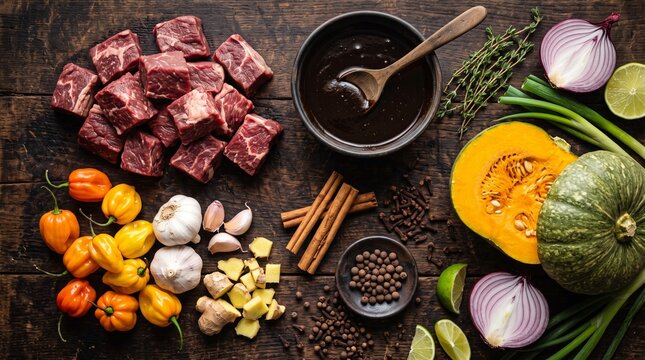 Overhead view of raw beef cubes, fresh vegetables, and spices on a rustic wooden table, ready for cooking a hearty meal.