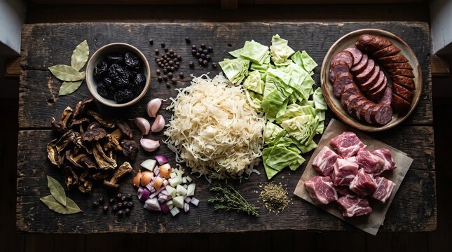 Overhead view of ingredients for traditional Polish Bigos stew, featuring sauerkraut, fresh cabbage, various meats, dried mushrooms, prunes, and spices on a rustic wooden board.