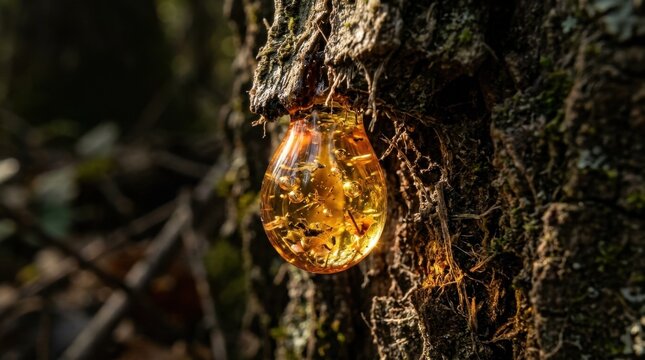 Close-up of golden tree sap droplet forming on rough bark in dense forest with natural sunlight