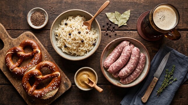 Traditional German Oktoberfest Feast with Pretzels, Sausages, Sauerkraut, Mustard, and Beer.