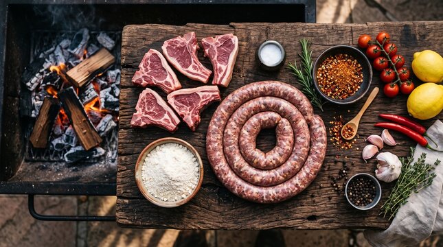 Overhead view of raw meat, boerewors, spices, and lemons on a wooden board next to a braai fire, ready for a traditional South African barbecue.