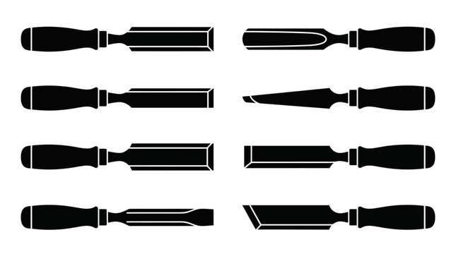 Set of eight black silhouette wood carving chisels and gouges isolated on a white background