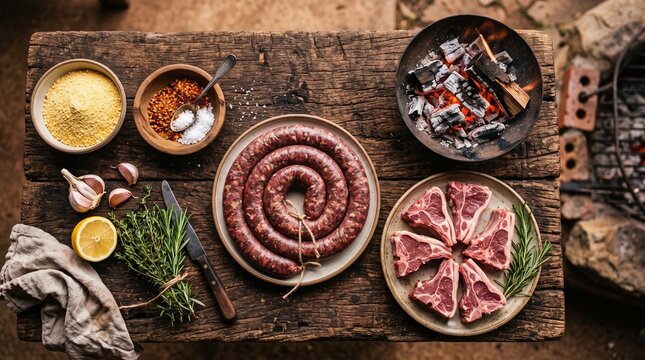Overhead view of raw boerewors sausage and lamb chops with spices and herbs on a rustic wooden table, ready for a braai.